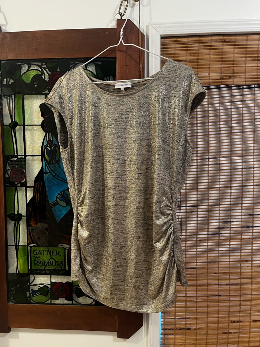 Calvin Klein Shimmer Knit Top in Gold and Black Heather